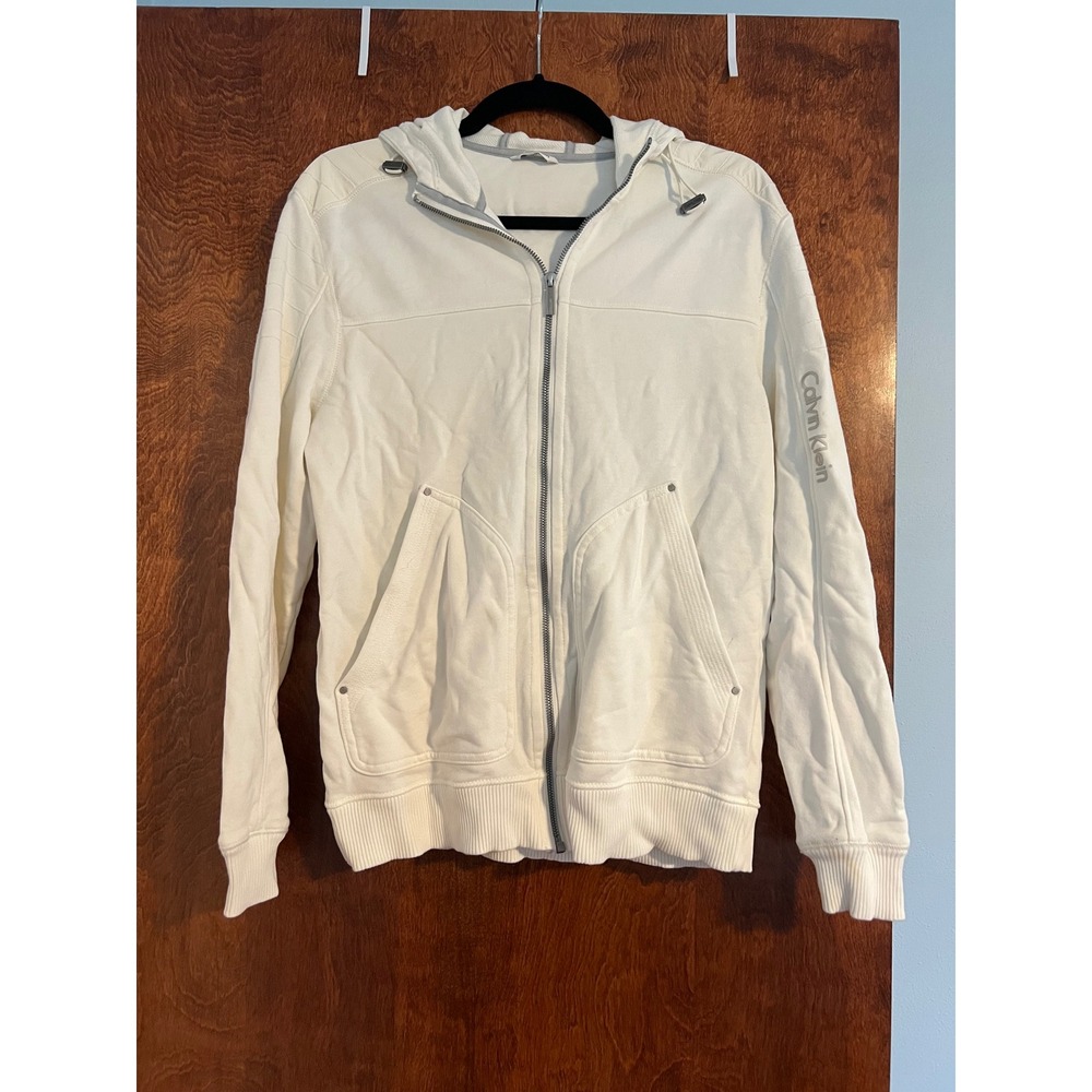 Calvin Klein Zip Hoodie Women M White Good Logo Sleeve Cotton Sweatshirt